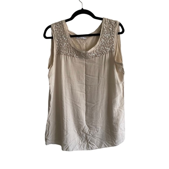 FREDERICK IAN Silk Sleeveless Blouse Tank Top Embellished Sequins Tan L - Picture 1 of 3
